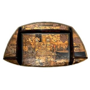 Intricate Antique Marquetry Wood Inlay Floating Shelf, Venetian Scene